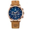 Men's waterproof quartz watch with blue dial, rose gold case and brown leather strap - Rose Gold Case Blue Dial Leather Strap