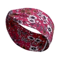 Detail view of a wide red cotton yoga headband with white and yellow floral patterns - Red Background White Yellow Flowers (17)