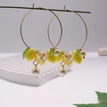 Golden hoop earrings with yellow resin lemons, white flowers, and pearl charms - Large Hoop Lemon Pearl (FN1019)