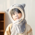 Grey plush windproof children's winter hat with integrated scarf and clear face shield - Grey Dog