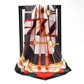 Satin square scarf with blue and orange equestrian belt pattern and green border - Leather Buckle Ring Brown Army Green Edge (SD90-16-2)