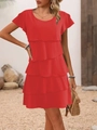 Summer bright red tiered dress with ruffled short sleeves and round neckline - S / Bottoms / Red