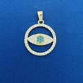 Golden Evil Eye pendant with clear and blue crystals on a blue textured background - Gold Evil Eye Round Pendant (756)