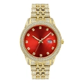 Dettaglio orologio dorato di lusso con quadrante rosso e cinturino decorato con strass - Oro Rosso
