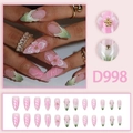 Pink French almond press-on nails with 3D floral designs and gold pearls 24pcs set - D998 Glue Style