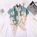 Elegant floral silk square scarf with magnolia print and dark green border 90x90cm - Elegant Green