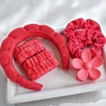 Pink plush spa headband set with wristbands and flower hair claw clip on a tray - Red Custom Style