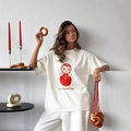 Loose white cotton T-shirt with red Russian doll print and drop shoulder sleeves - S / White