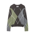 Damen Strickpullover mit V-Ausschnitt und oliv-grauem Rautenmuster auf weißem Hintergrund - S / Olivgrünes Argyle-Muster V-Ausschnitt