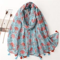 Lightweight cotton linen scarf with blue lily floral print and tassel fringe for women - Light Blue Orange & Red Floral (SL2301-007)