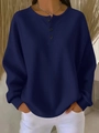 Fashionable dark blue long sleeve waffle knit crew neck top with decorative buttons - S / Navy Blue