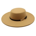 Detail of khaki wool flat top boater hat with black ribbon and gold metal buckle - M (56-58cm) / Camel (Black Belt)