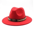 Detail of red wool fedora hat with brown band, weave trim and western bull head badge - M (56-58cm) / Red