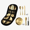 Golden stainless steel camping cutlery set for two with a black portable carrying bag - Gold 10-Piece Set