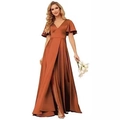 Elegant rust satin evening gown with deep V-neck, flutter sleeves and high side slit - US size 2 / Caramel color