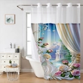 Detail of waterproof bath curtain featuring pink roses and vintage palace print - SYL-3 Dreamy Palace Rose (Single Curtain)