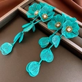 Elegant long teal floral drop earrings with tiered flower petals and crystal centers - 44# Turquoise Hollow Series Flower (Steel Pin)