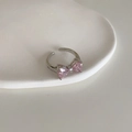 S925 silver adjustable bow ring with pink heart zircons and white pave crystals - J3517 Silver Pink Heart Bow Ring