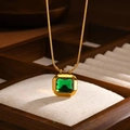 French vintage stainless steel snake chain necklace with square green gemstone pendant - Gold with Green Zircon