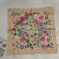 Elegant beige silk-like square scarf with pink floral prints and striped border - Yellow Background With Colorful Trumpet Flower Small Square Scarf/silk Scarf / 65