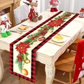 Christmas table runner with red poinsettia, gold ornaments, and buffalo plaid edges - 181x35.5cm / Christmas Ball Red Poinsettia
