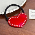 Red heart acetate hair tie with sparkling rhinestones and black elastic band - Hair Tie / Red