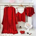 Dreiteiliges rotes Satin-Schlafanzugset für Damen mit Morgenmantel, Top und Shorts - S / Rot