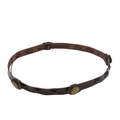Detailed view of dark brown leather hat band with cross-stitching and gold stud accents - One Size / Waxed Cord