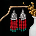 Bohemian silver earrings with red and green bead tassels hanging from wooden branches - Antique Silver + Red Green Beads (E5833-1/Red)
