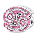 Detailed view of silver Cancer zodiac charm with pink enamel and sparkling zircon stones - Pink Cancer Bead