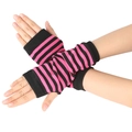 Detailed view of pink and black striped knit arm warmers with thumb hole design - One Size / Rose Red and Black Striped