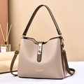 Fashionable beige and brown colorblock leather handbag with a gold lock and strap - Khaki