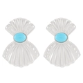 Vintage silver shell earrings with sky blue gemstone inlay in a minimalist design - Silver Fan Shaped Inlaid Green Stone Style (N-1155)
