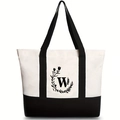 Canvas tote bag in black and white with letter W floral print and top handles - Letter W / 46*12*31CM