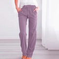 Détail de la taille élastique à cordon de serrage sur ce pantalon en lin lilas - S / Mauve Clair