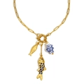 Collar de clip bañado en oro de 18K con tres colgantes de peces en esmalte azulado - Dorado