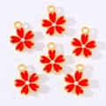 Set of six red enamel five-petal flower charms with crystal centers for jewelry making - Red