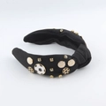 Detail of black fabric headband featuring soccer charms and sparkling rhinestones - Black Football Style