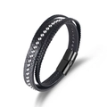 Pulsera multicapa de cuero trenzado negro con remaches plateados y cierre magnético - Negro