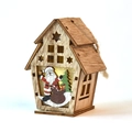 Wooden Christmas LED house ornament with Santa pattern and jute rope for hanging - Double Roof Santa Style