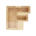 Letter F shaped wooden money box with transparent acrylic cover and gold screw detail - Letter F