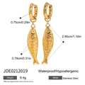 Macro detail of stainless steel fish earrings with precise dimensions and weight info - Gold Fish Pendant Earrings / Gold