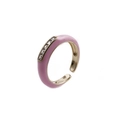 Detailed close-up of gold-plated ring with pink enamel and white zircon row - Adjustable Open / Pink