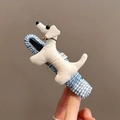 Süße Stoff-Hunde-Haarklammer mit kleiner Glocke und blau-weißem Karomuster-Clip - Cremeweißer Hund (Blau-Weiß Karierter Clip)