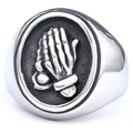 Bague chevalière en acier inoxydable poli avec relief gothique mains de squelette en prière - US 7 / Noir Argenté