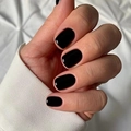 Glossy black short square press-on nails displayed on a soft white fabric background - Black (JP2177)