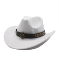 Detailed macro view of white wool felt cowboy hat with leather band and bronze metal buckle - M (56-58cm) / White