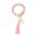 Pink silicone bead keychain with wooden bead, leather tassel and gold hardware - Pink White Striped Style (1)