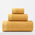 Bright yellow 3-piece pure cotton towel set featuring geometric jacquard textures - Wheat
