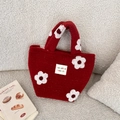 Mini borsa tote in peluche rosso scuro con applicazione floreale e etichetta logo - Jacquard Fiori Rossi